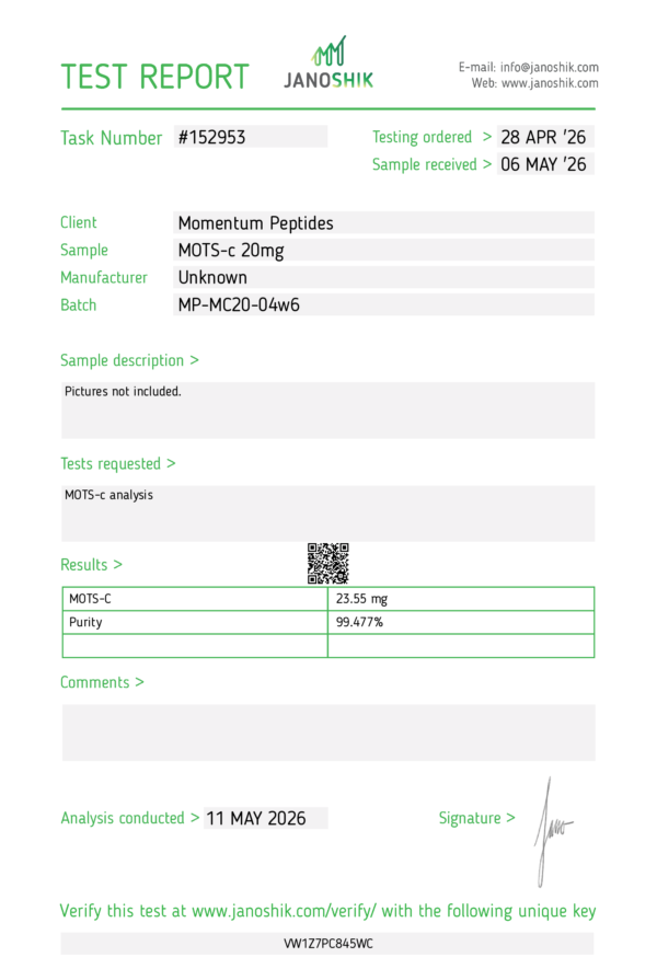 Momentum Peptides MOTS-c 20mg Janoshik test