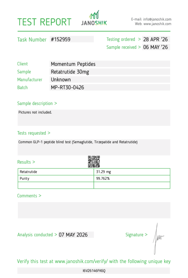 Momentum Peptides Retatrutide 30mg Janoshik report